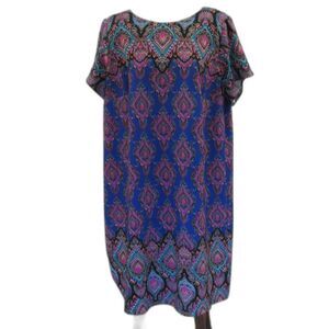 LONDON TIMES Short Sleeve Stretch Midi Dress Sz 22W Geometric Black‎ Blue Purple